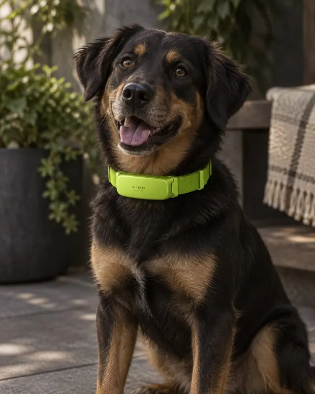A happy dog wearing a lime green JINO Pulse smart collar